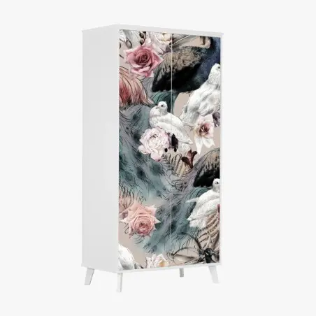 Schrankaufkleber aquarellmuster mit vögeln und rosen – Wallnifity®