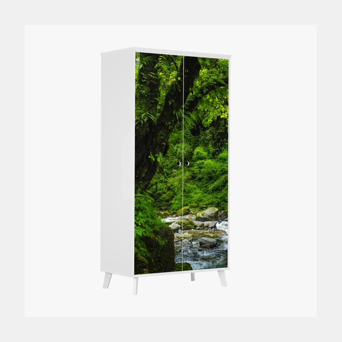 Schrankaufkleber üppiger grüner wasserfall im wald – Wallnifity® Schrankaufkleber üppiger grüner wasserfall im wald – Wallnifity®