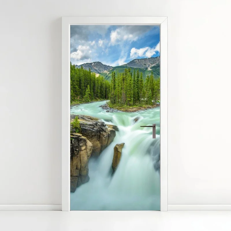 Türaufkleber neblige flussklamm bei Upper Sunwapta Falls, Jasper National Park