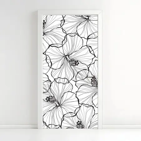 Türaufkleber schwarzweißes hibiskus line art muster – Wallnifity®
