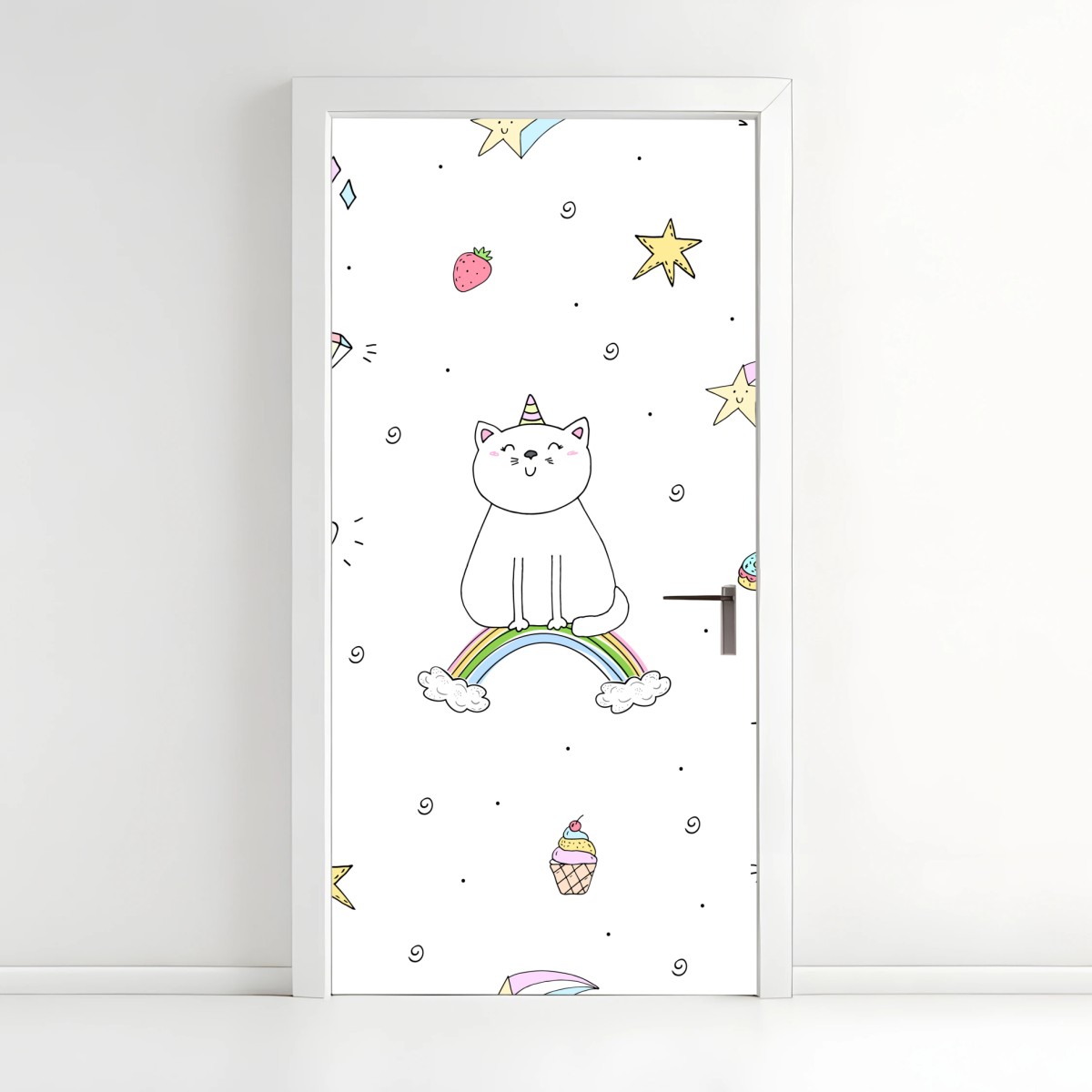Türaufkleber pastell-einhornkatze auf dem regenbogen – Wallnifity®