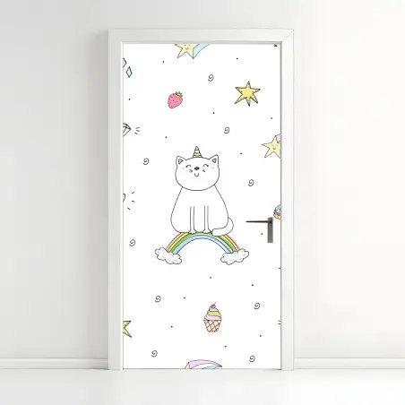 Türaufkleber pastell-einhornkatze auf dem regenbogen – Wallnifity®