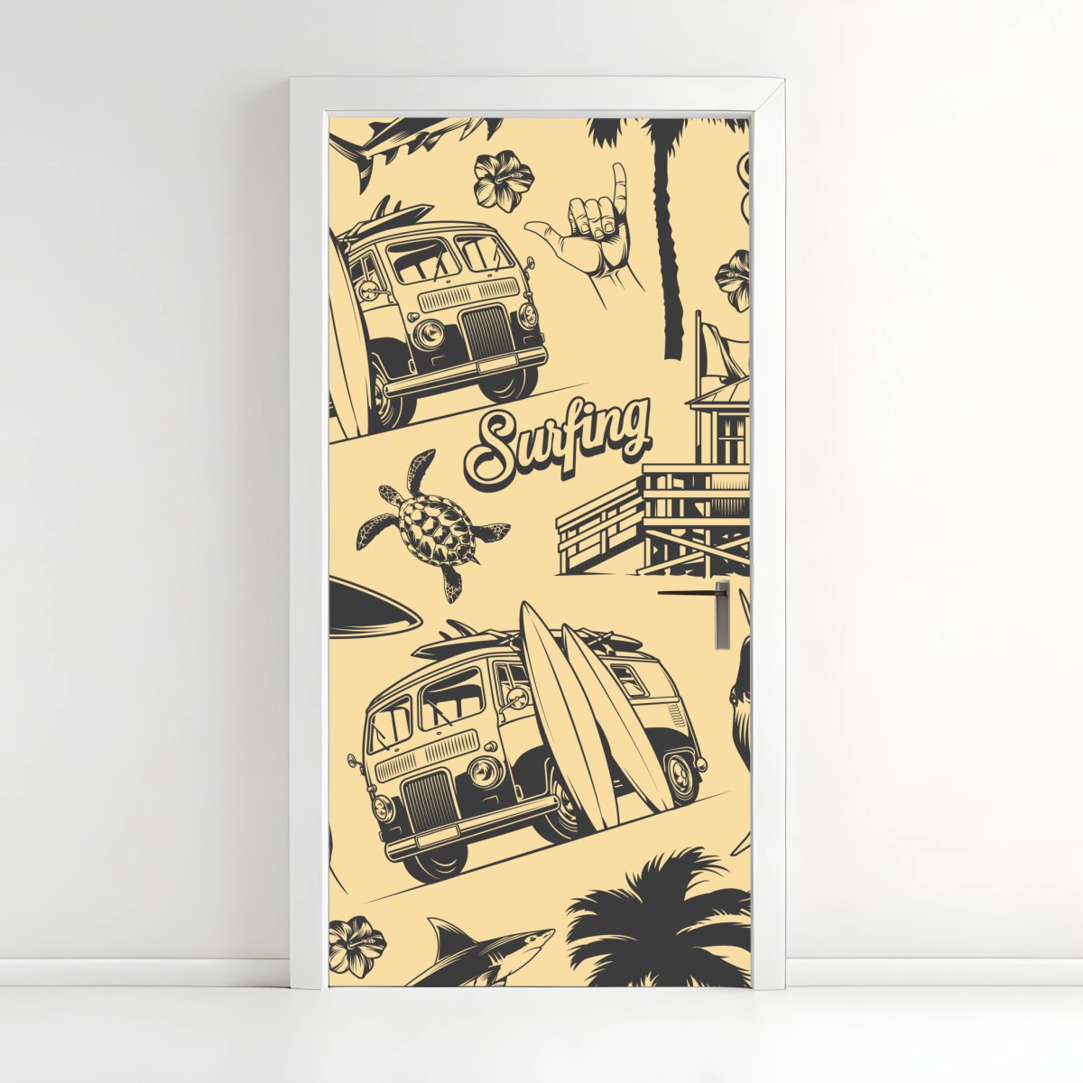 Türaufkleber retro surfing muster mit campingbus und wellen – Wallnifity®