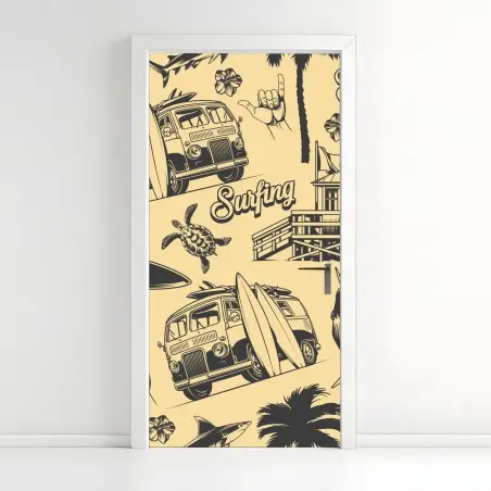 Türaufkleber retro surfing muster mit campingbus und wellen – Wallnifity®