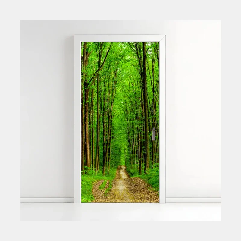 Türaufkleber grüner waldweg im frühling