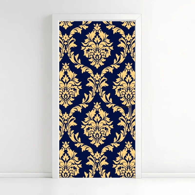 Türaufkleber elegantes goldenes damastmuster auf tiefblauem hintergrund