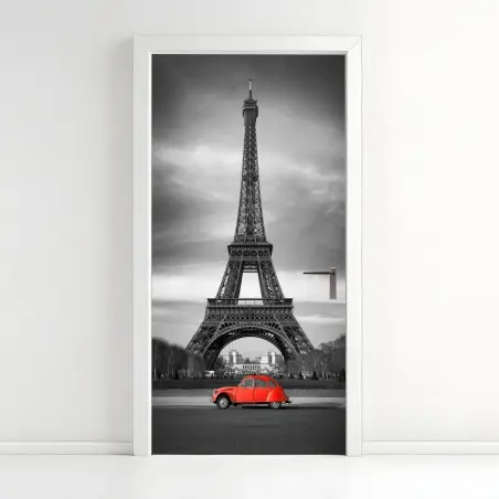 Türaufkleber Eiffelturm mit rotem vintage-auto – Wallnifity®
