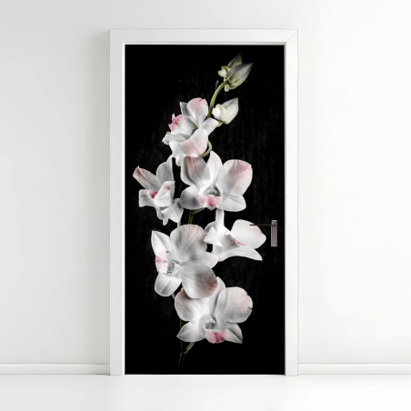 Türaufkleber weiße und rosa orchidee vor schwarzem hintergrund – Wallnifity®