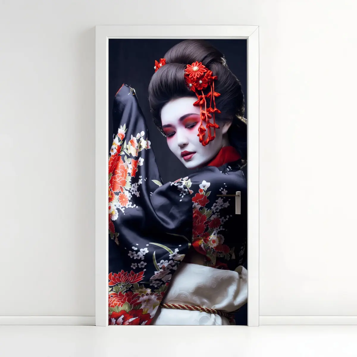 Türaufkleber elegantes geisha-porträt in rotem und schwarzem kimono – Wallnifity® Türaufkleber elegantes geisha-porträt in rotem und schwarzem kimono – Wallnifity®
