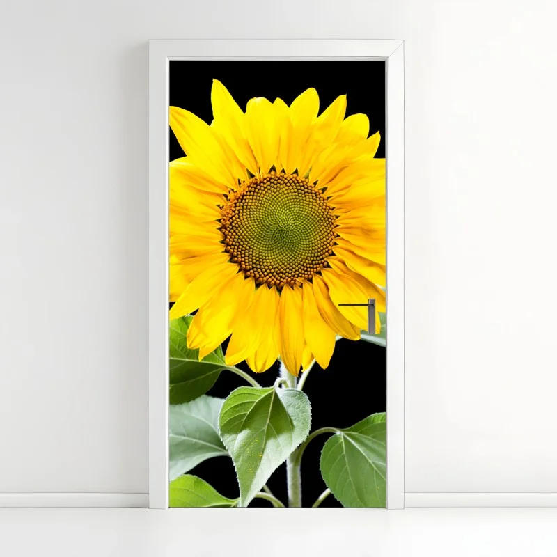 Türaufkleber leuchtende sonnenblume vor schwarzem hintergrund