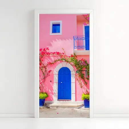 Türaufkleber leuchtende rosa fassade mit blauer tür – Wallnifity®