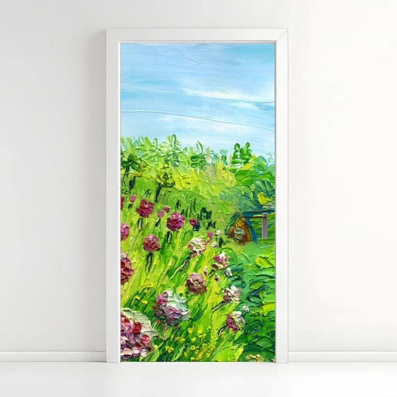 Türaufkleber pfingstrosenwiese im frühling — impasto blumenbild