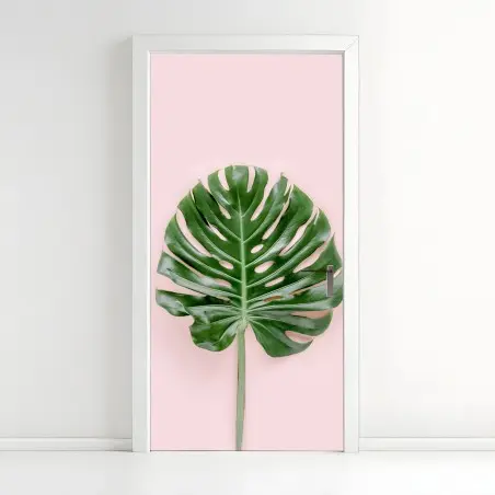 Türaufkleber monstera-blatt auf pastell-rosa hintergrund – Wallnifity®