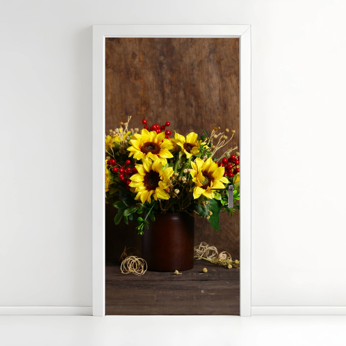 Türaufkleber herbstlicher sonnenblumenstrauß vor holzhintergrund – Wallnifity®