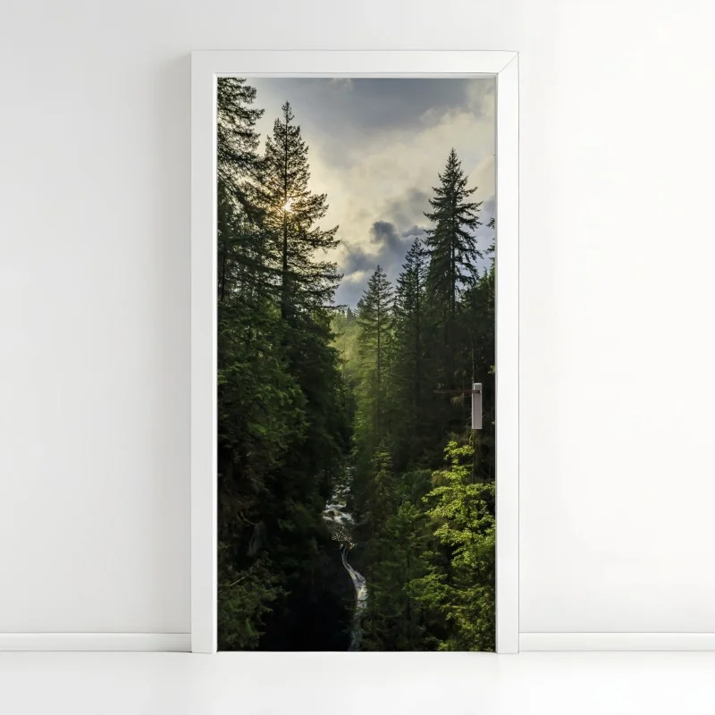 Türaufkleber nebliger immergrüner wald mit wasserfall – Wallnifity® Türaufkleber nebliger immergrüner wald mit wasserfall – Wallnifity®