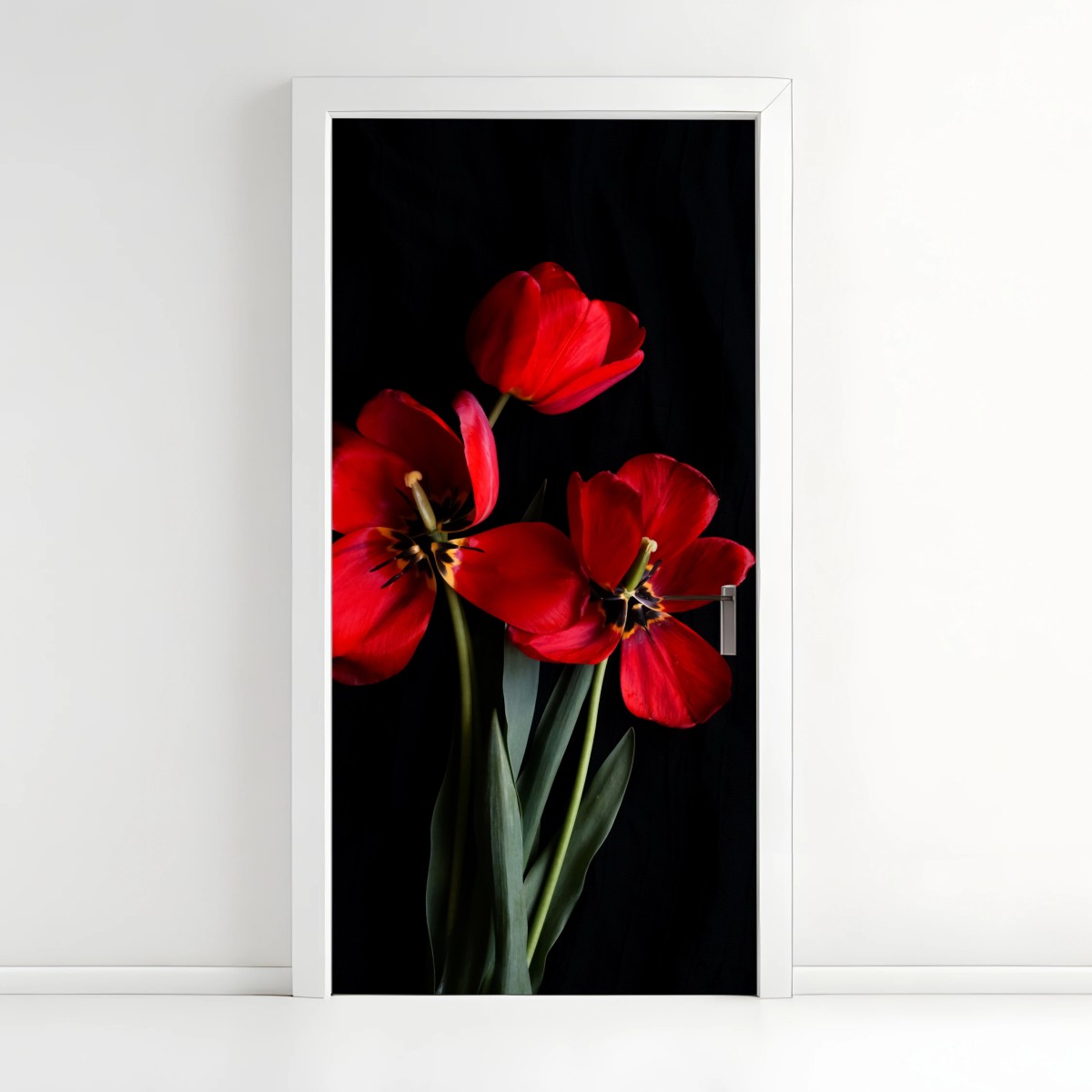 Türaufkleber drei rote tulpen vor schwarzem hintergrund – Wallnifity®