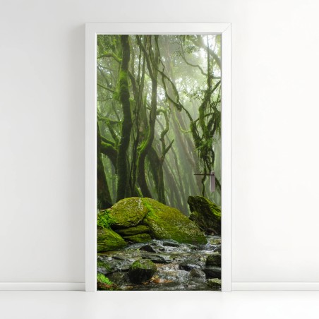 Türaufkleber moosiger wald mit bach im nebel – Wallnifity®