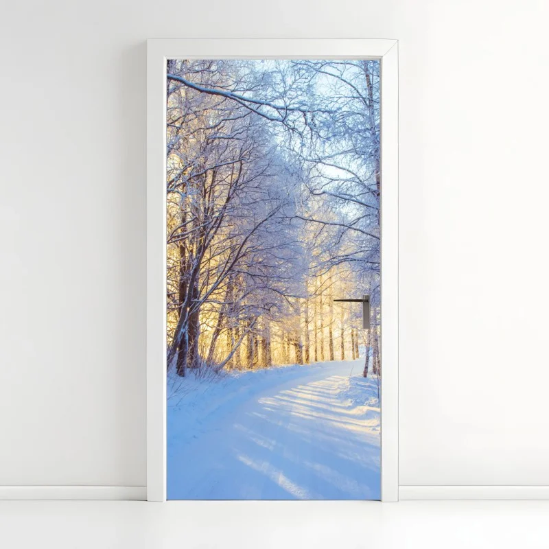 Türaufkleber birkenwald im winter bei sonnenaufgang