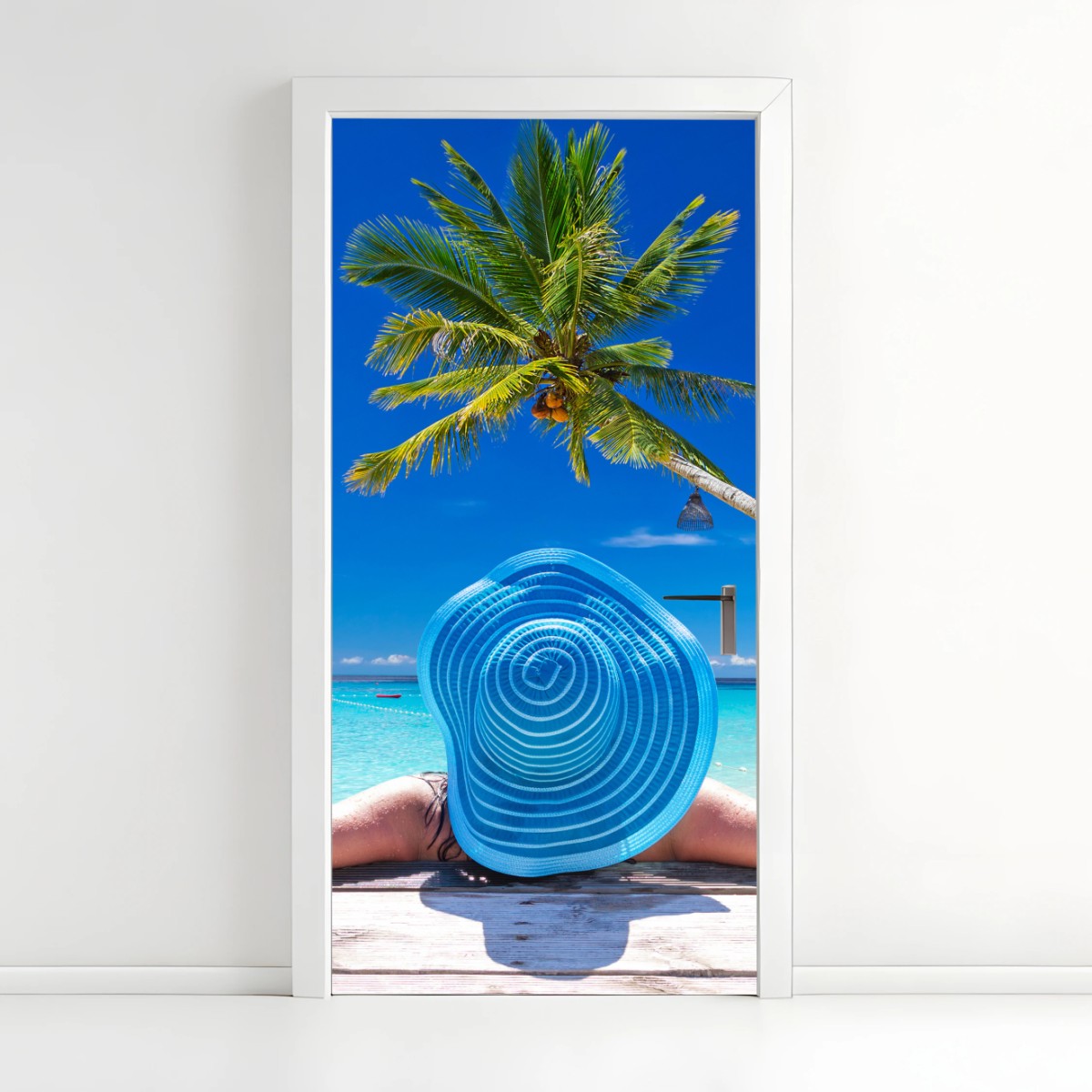Türaufkleber tropischer strand mit blauem sonnenhut – Wallnifity®