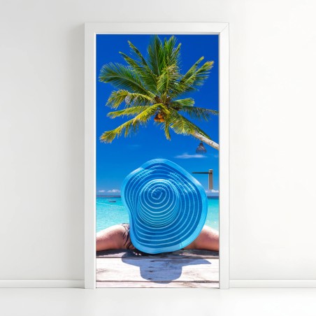 Türaufkleber tropischer strand mit blauem sonnenhut – Wallnifity®