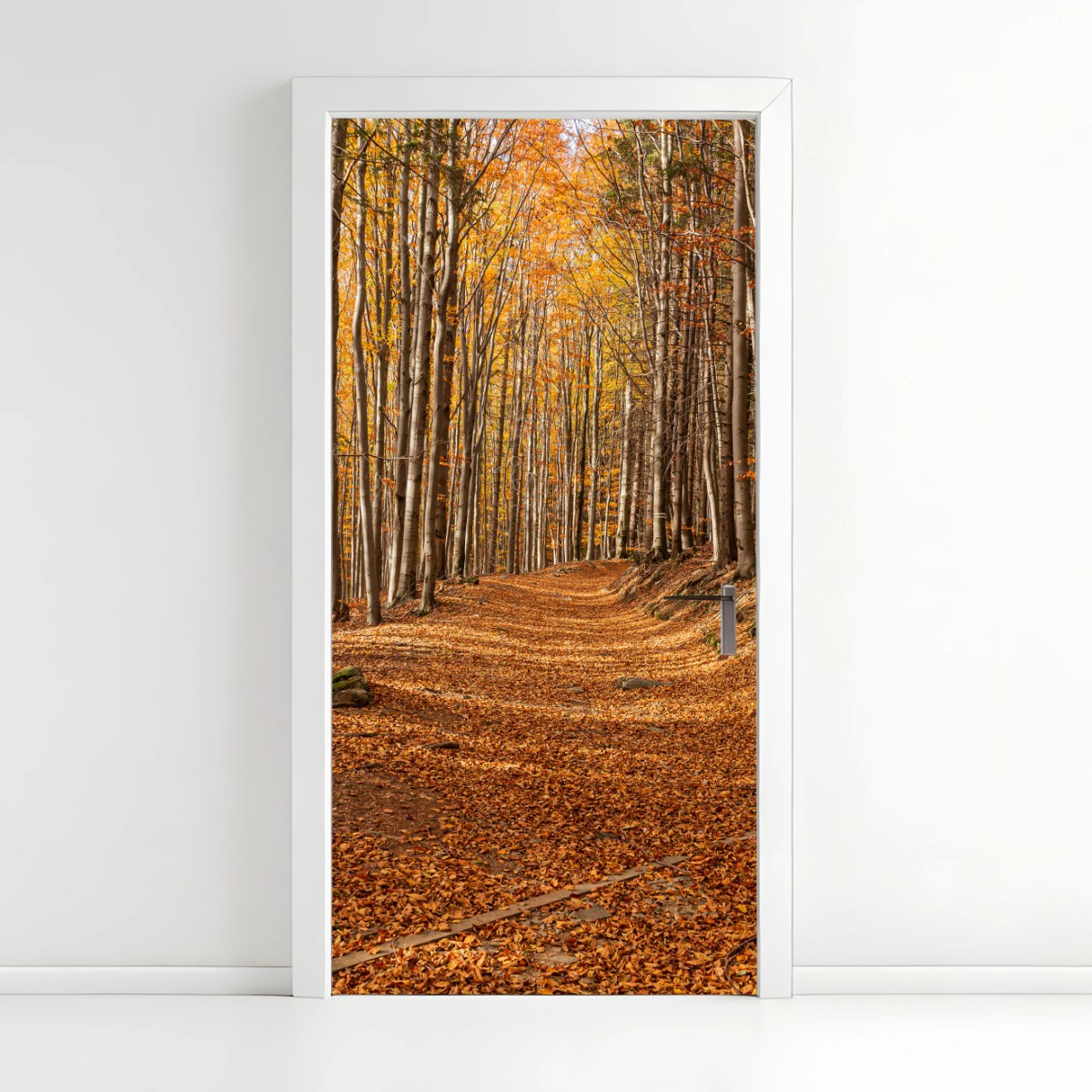 Türaufkleber herbstlicher waldweg mit goldenen blättern – Wallnifity®