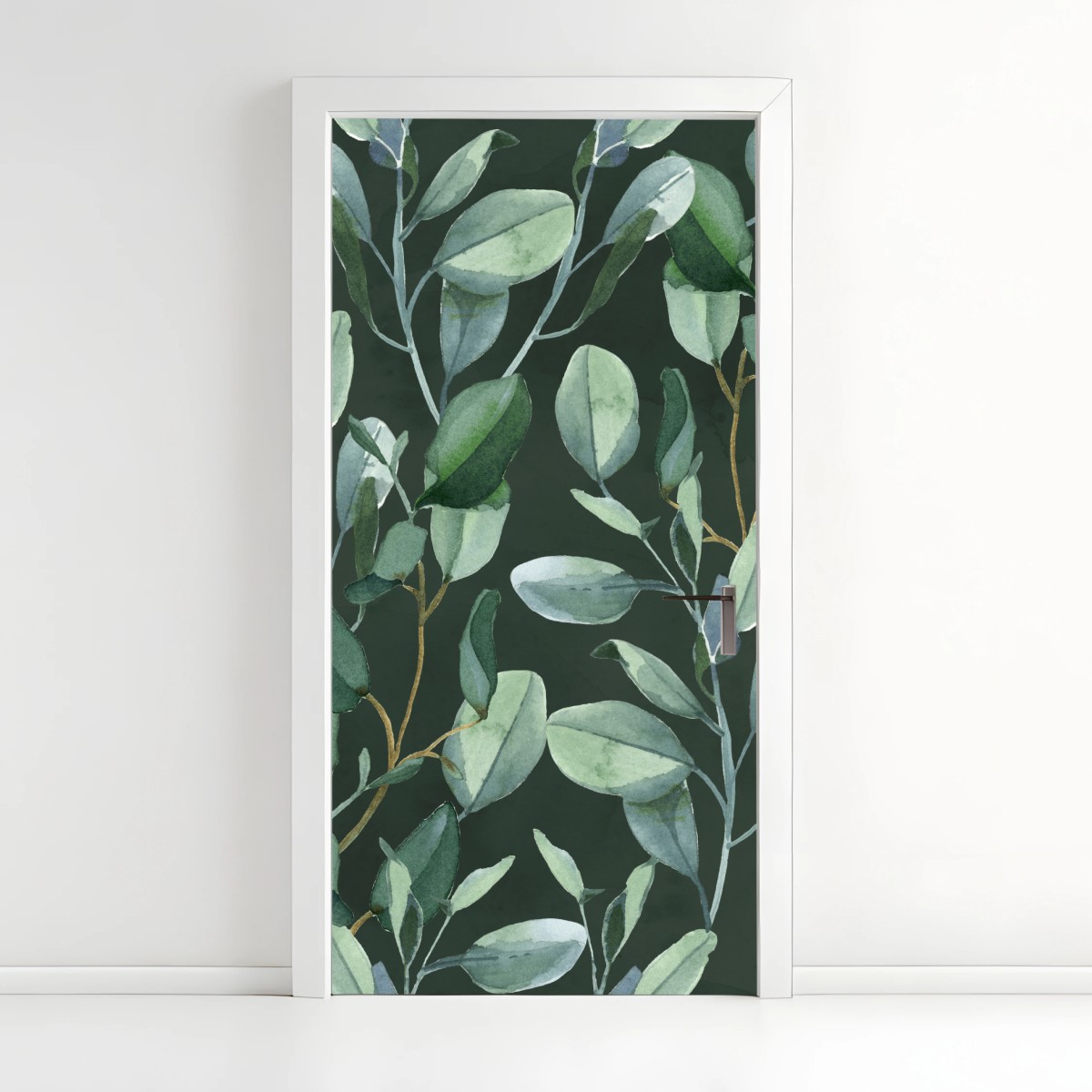Türaufkleber aquarell eukalyptusblätter muster auf dunkelgrünem hintergrund – Wallnifity®