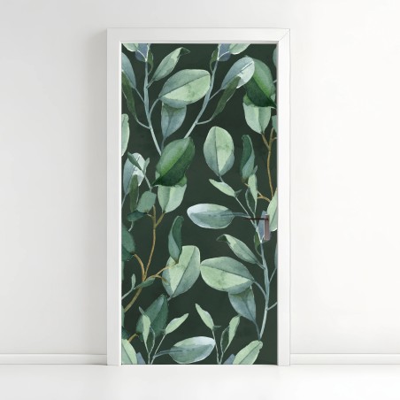 Türaufkleber aquarell eukalyptusblätter muster auf dunkelgrünem hintergrund – Wallnifity®