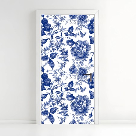 Türaufkleber blaues blumen toile-muster – Wallnifity®