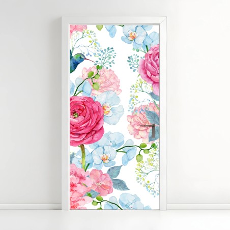 Türaufkleber rosa aquarell blumengarten mit kolibri – Wallnifity®