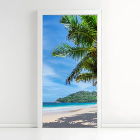 Türaufkleber tropischer strand mit palmen und segelboot – Wallnifity®