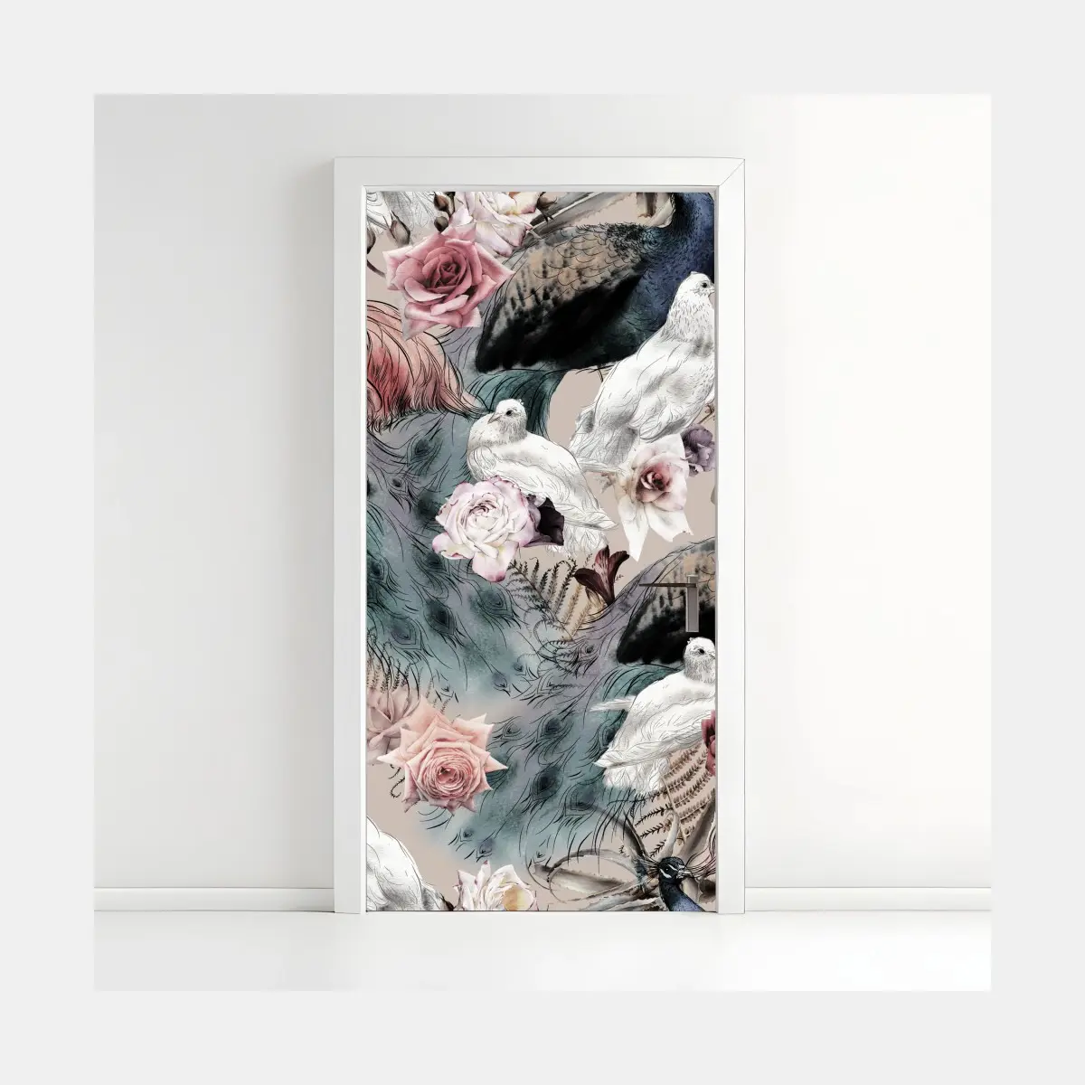 Türaufkleber aquarellmuster mit vögeln und rosen – Wallnifity®