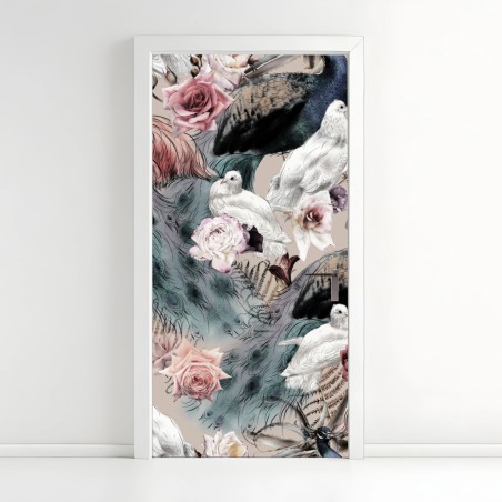 Türaufkleber aquarellmuster mit vögeln und rosen – Wallnifity®