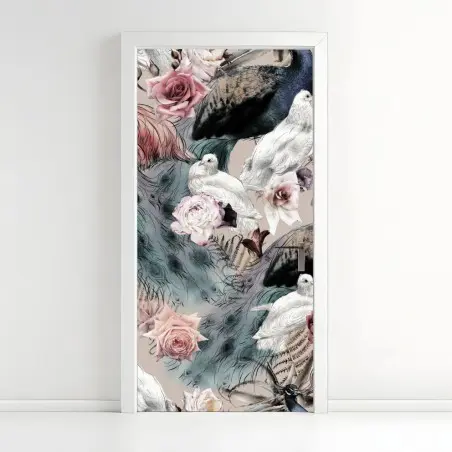 Türaufkleber aquarellmuster mit vögeln und rosen – Wallnifity®
