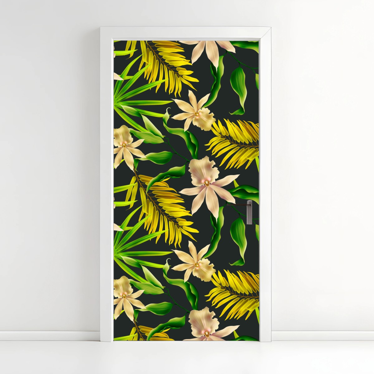 Türaufkleber tropisches orchideenmuster auf dunklem hintergrund – Wallnifity®