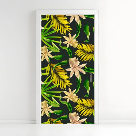 Türaufkleber tropisches orchideenmuster auf dunklem hintergrund – Wallnifity®
