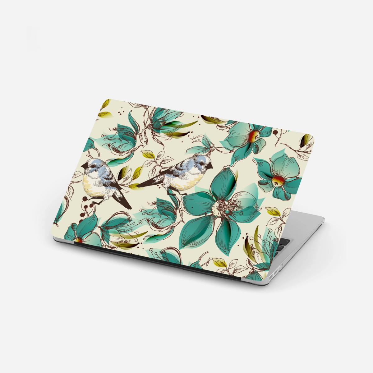Laptop-Aufkleber retro türkis blumen- und vogelmuster – Wallnifity®