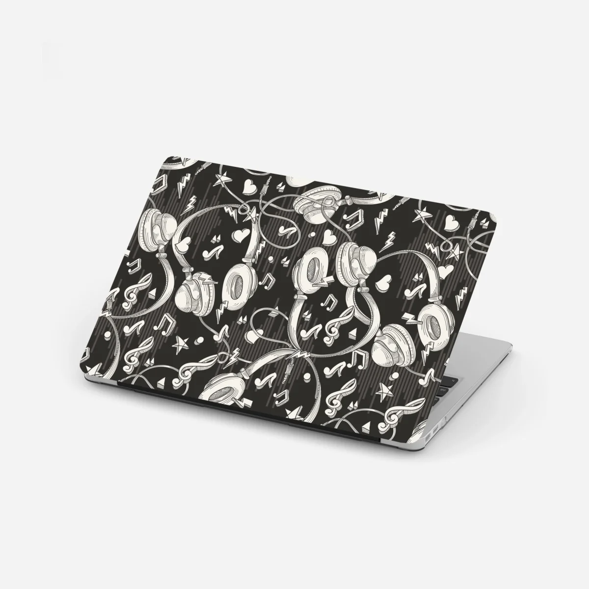Laptop-Aufkleber monochromatisches muster mit kopfhörern und noten – Wallnifity® Laptop-Aufkleber monochromatisches muster mit kopfhörern und noten – Wallnifity®