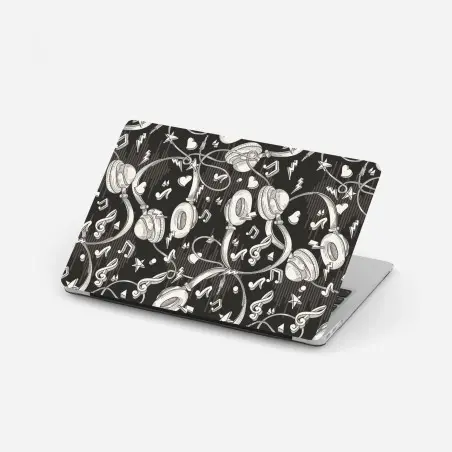 Laptop-Aufkleber monochromatisches muster mit kopfhörern und noten – Wallnifity®