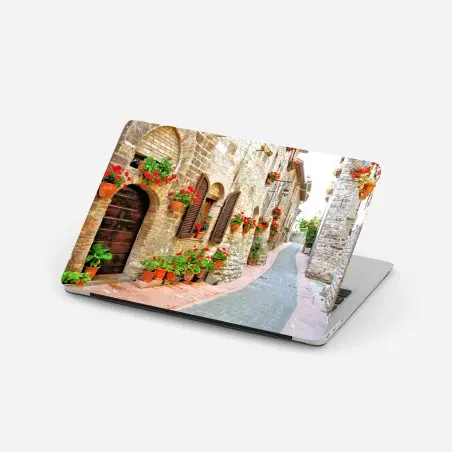 Laptop-Aufkleber sonnige steingasse mit roten geranien – Wallnifity®