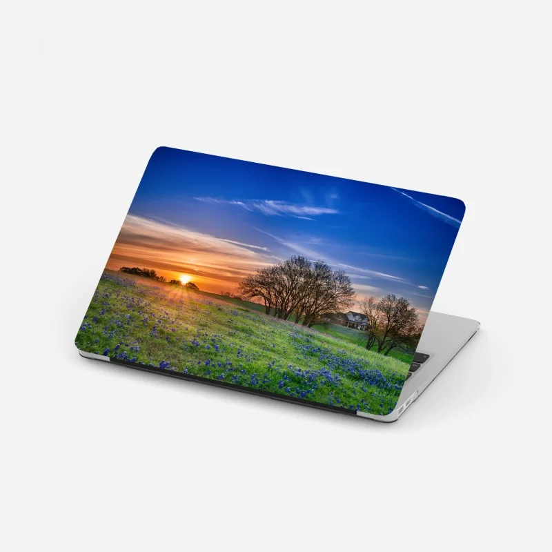 Laptop-Aufkleber Texas wiese mit bluebonnets im sonnenaufgang