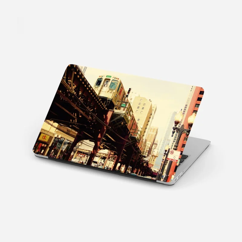 Laptop-Aufkleber retro hochbahn über der stadtstraße