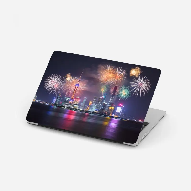Laptop-Aufkleber Shanghai skyline mit feuerwerk über dem Huangpu