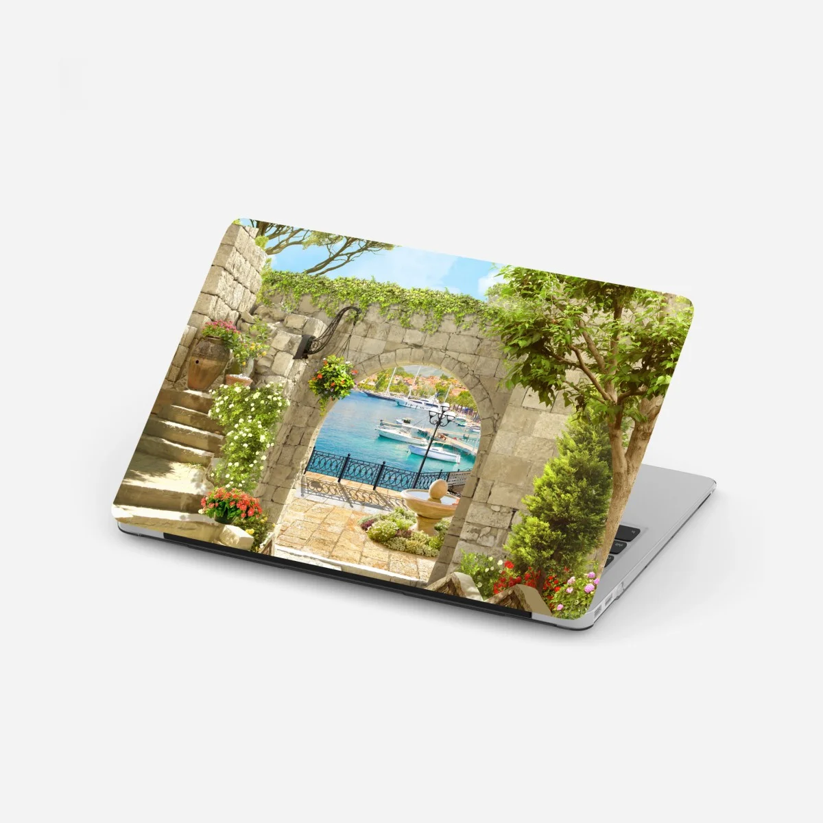 Laptop-Aufkleber mediterraner blick durch eine arkade – Wallnifity® Laptop-Aufkleber mediterraner blick durch eine arkade – Wallnifity®