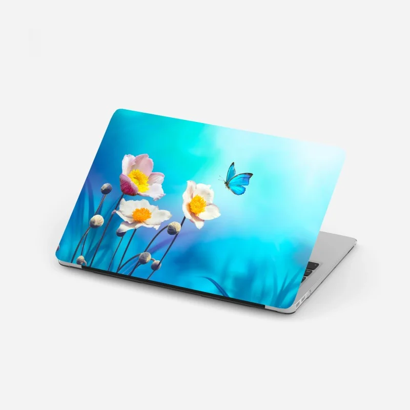 Laptop-Aufkleber zarte rosa anemonen und blauer schmetterling