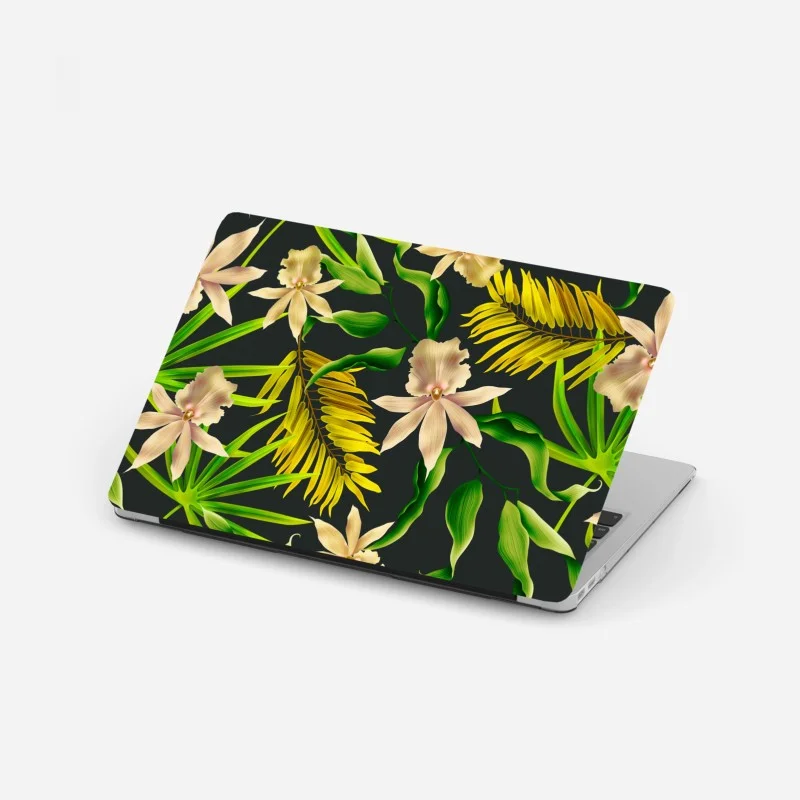 Laptop-Aufkleber tropisches orchideenmuster auf dunklem hintergrund