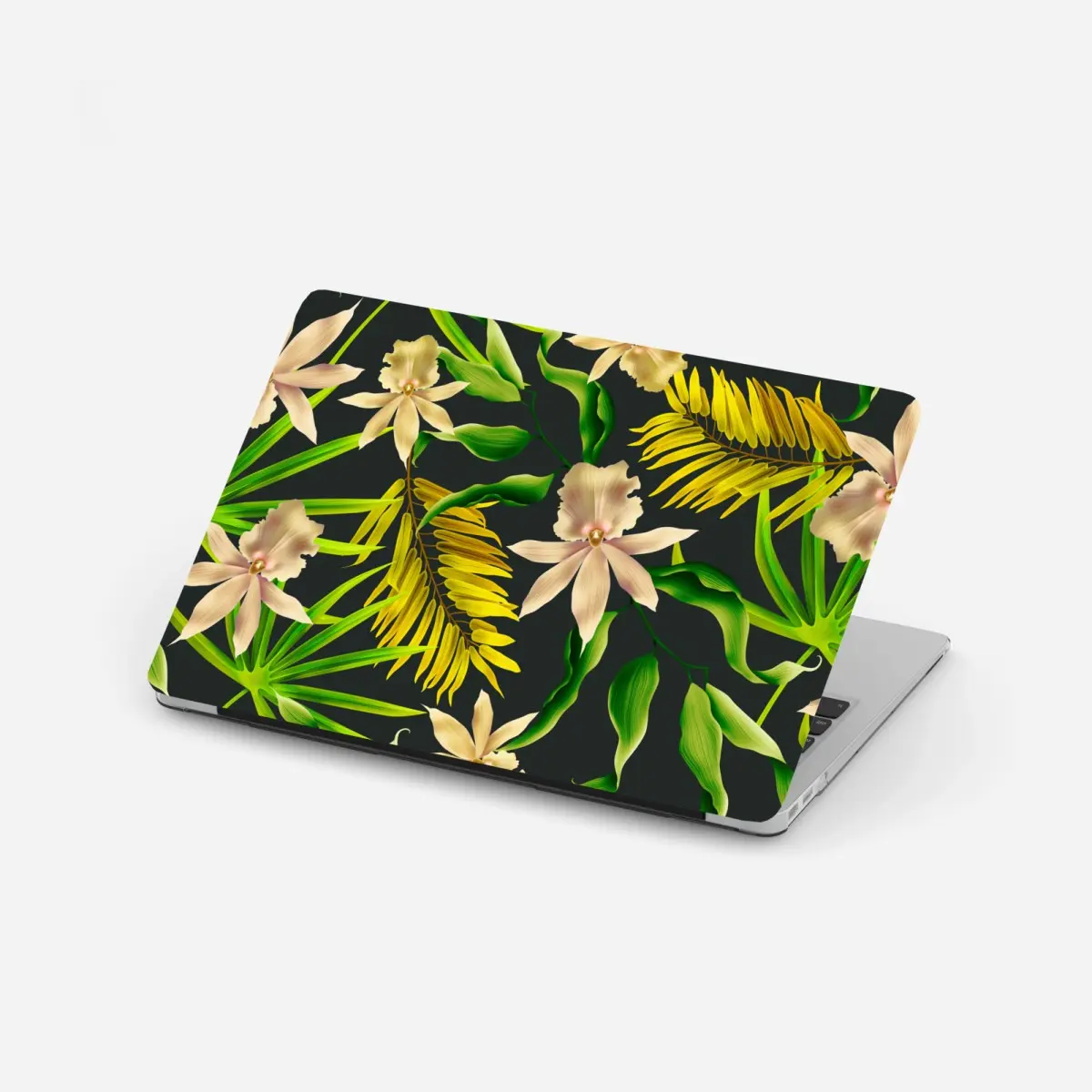 Laptop-Aufkleber tropisches orchideenmuster auf dunklem hintergrund – Wallnifity®
