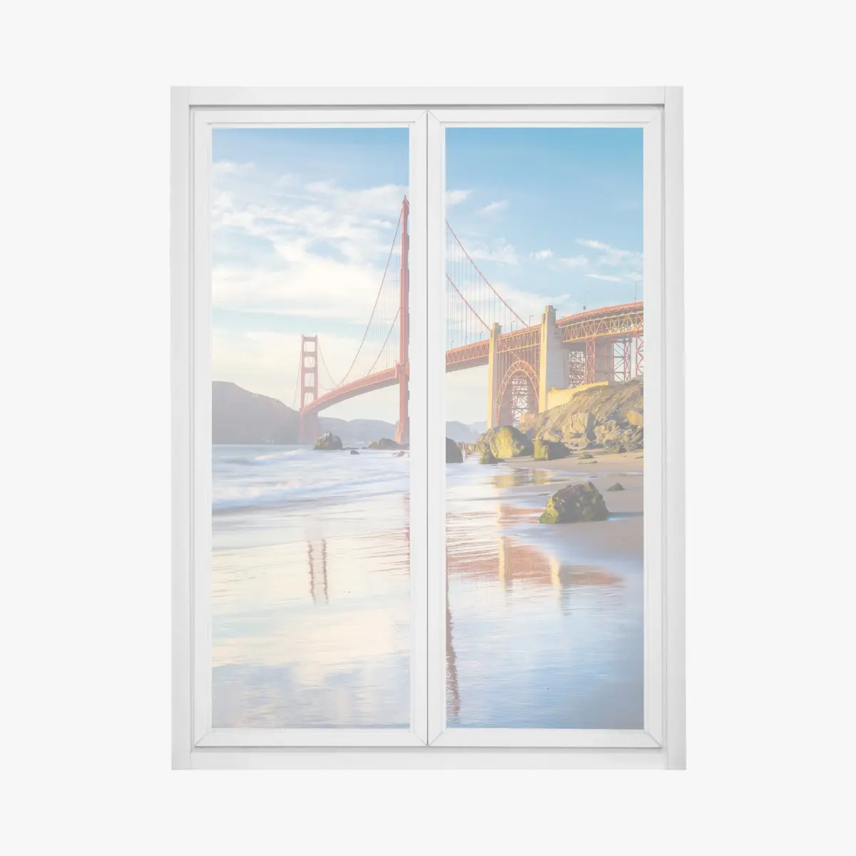 Fensteraufkleber Golden Gate Bridge reflektiert am strand – Wallnifity®