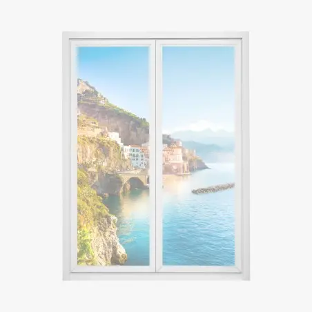 Fensteraufkleber sonniges küstendorf am klippenrand – Wallnifity®