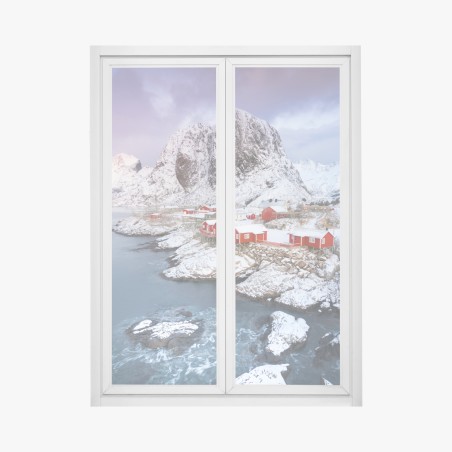 Fensteraufkleber rote küstenhäuser vor schneebedecktem berg – Wallnifity®