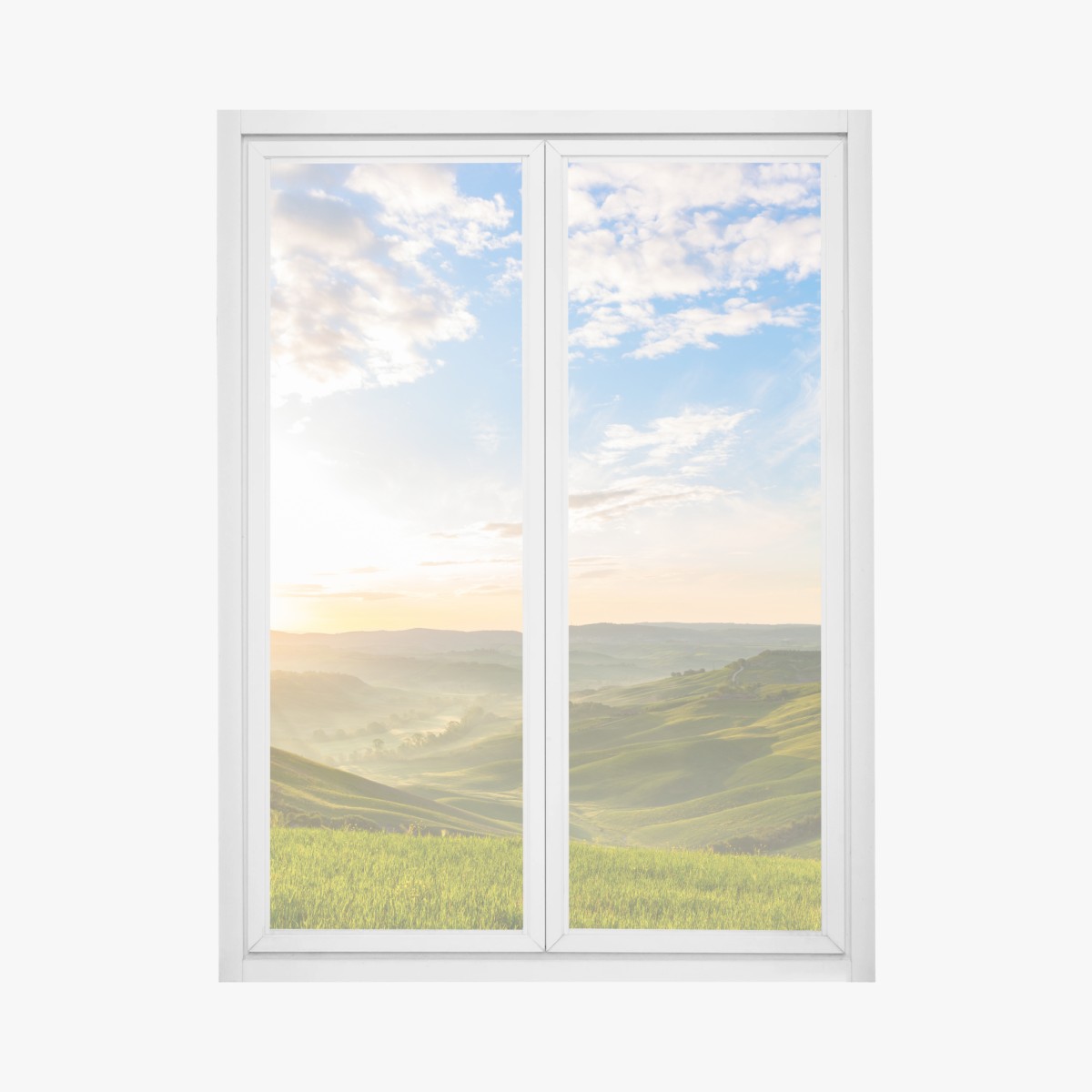 Fensteraufkleber sonnenaufgang über nebligen hügeln – Wallnifity®